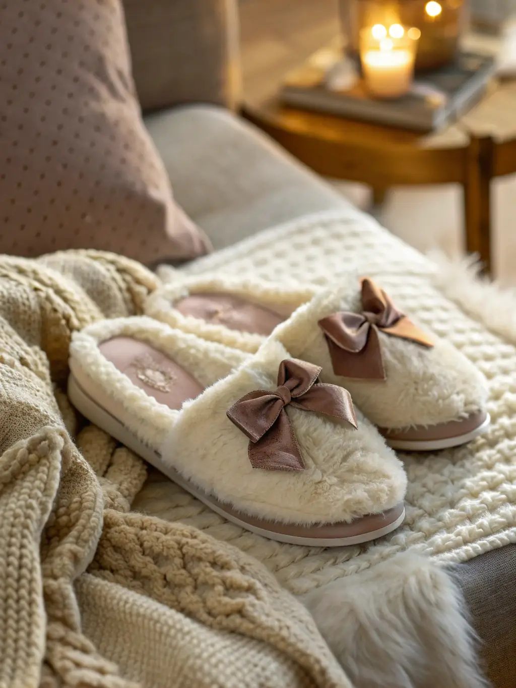 Comfortable women's slippers with a plush lining, photographed in a cozy setting to convey warmth and relaxation.