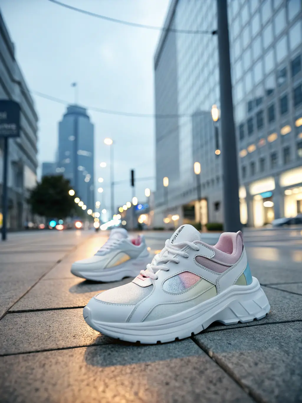 A pair of trendy women's sneakers with a bold color combination, showcased in an urban setting to highlight their fashionable and sporty design.