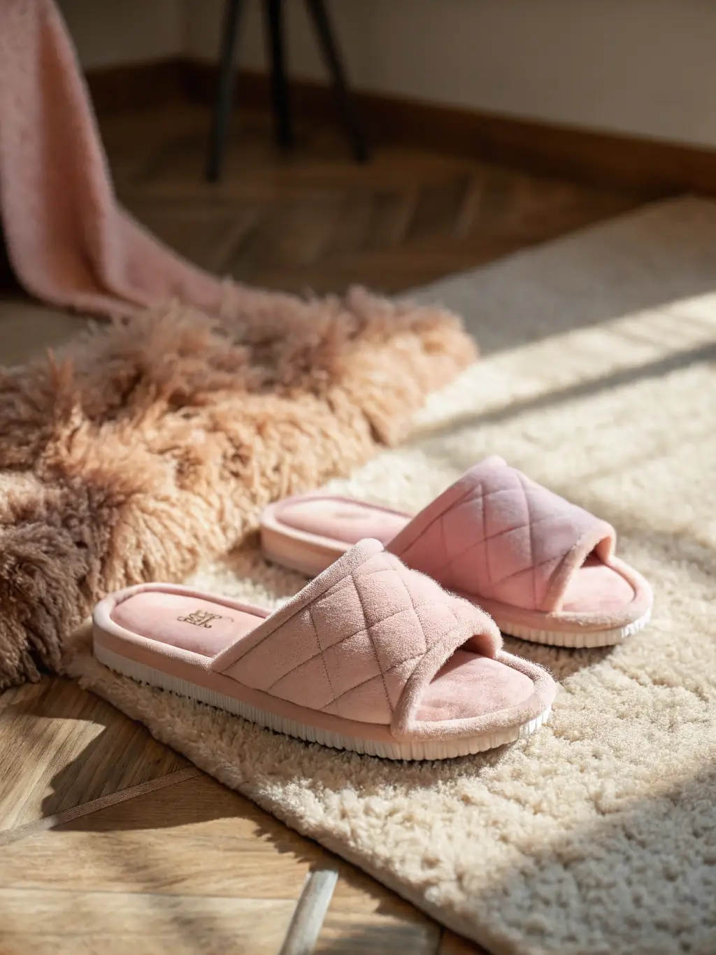 A lifestyle shot of a woman wearing STYLO slippers indoors, showcasing comfort and style, with a focus on the soft textures and cozy design of the slippers.
