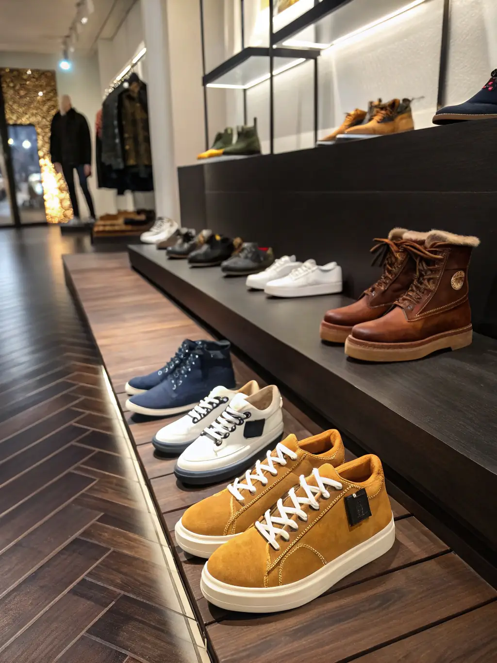 A group of STYLO's latest footwear designs, including sandals, shoes, and slippers, displayed on a modern shelving unit in a brightly lit showroom.