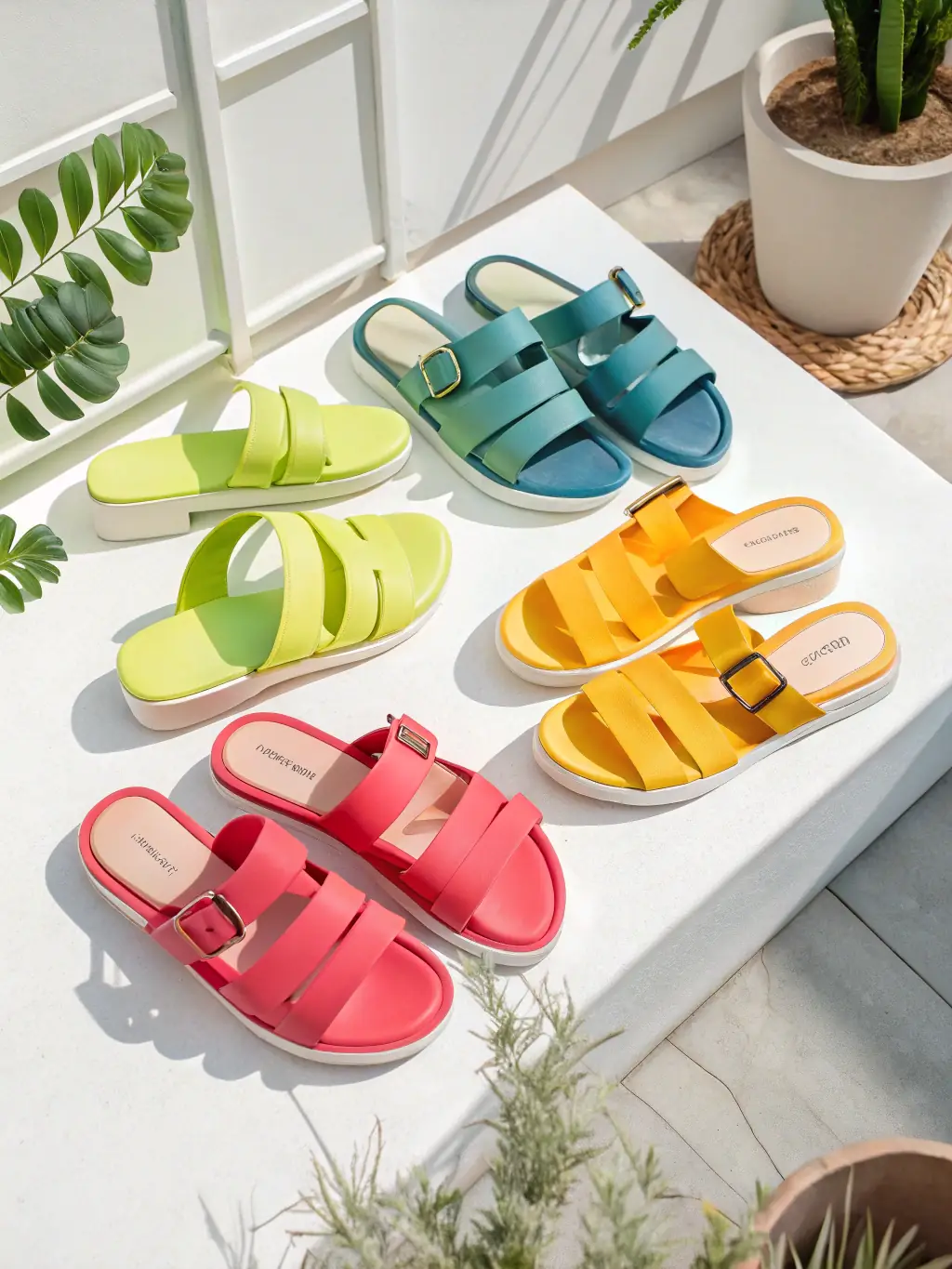 A high-angle studio shot of a collection of STYLO women's sandals, showcasing various styles, colors, and embellishments, arranged on a clean, white surface.