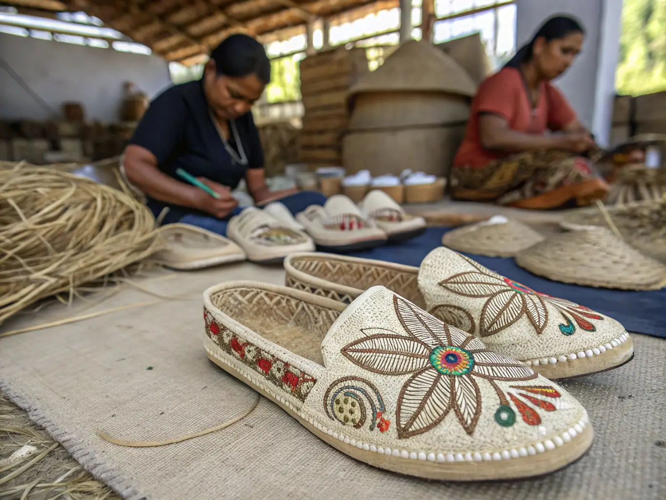 A high-angle, close-up shot showcasing the meticulous in-house production process of STYLO footwear, with skilled artisans carefully crafting a pair of women's sandals in a well-lit workshop. The focus is on the precision and attention to detail.