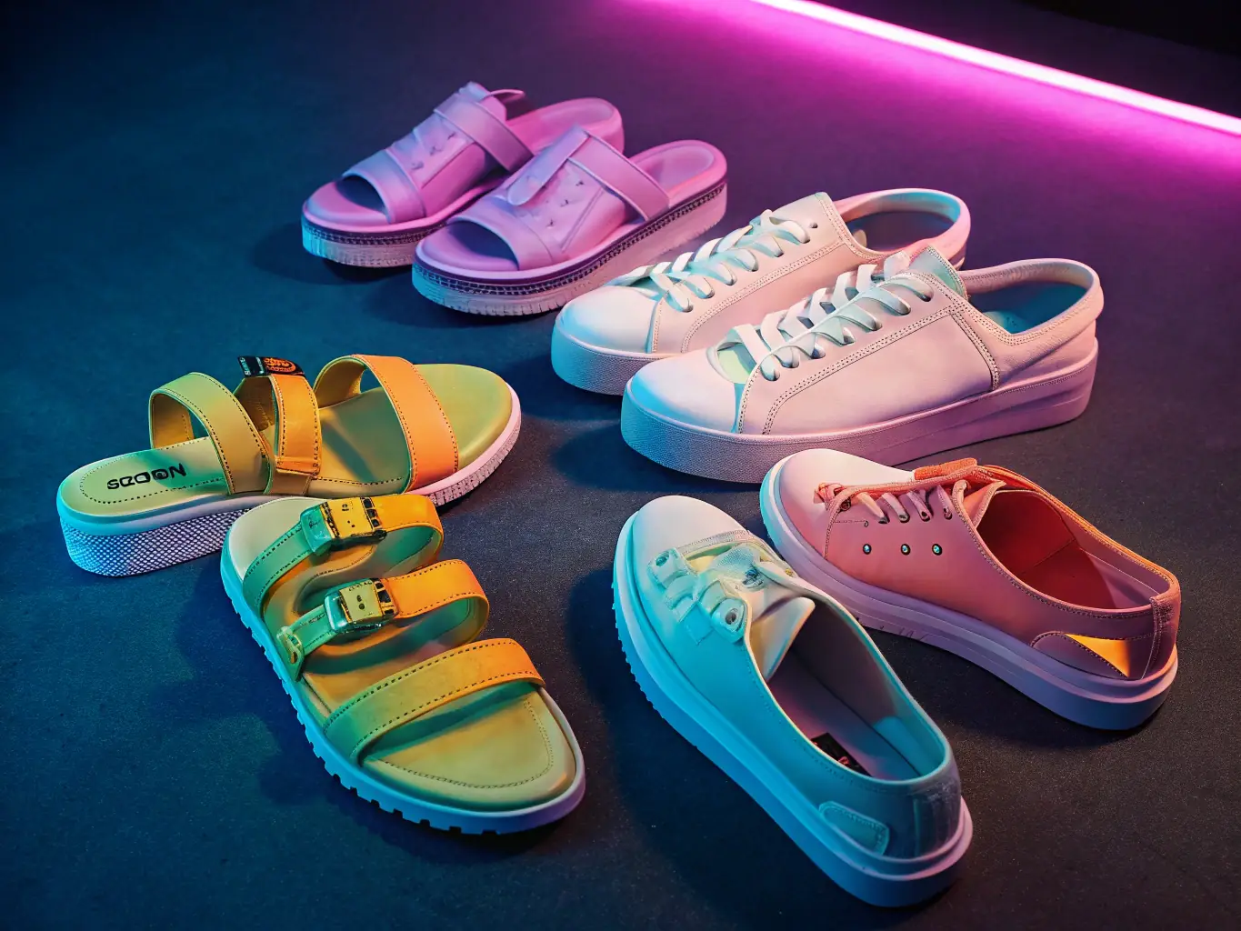 A visually appealing image featuring a diverse range of STYLO's women's footwear made from sustainable and eco-friendly materials, displayed on a natural wooden surface with green plants in the background to emphasize the brand's commitment to sustainability.