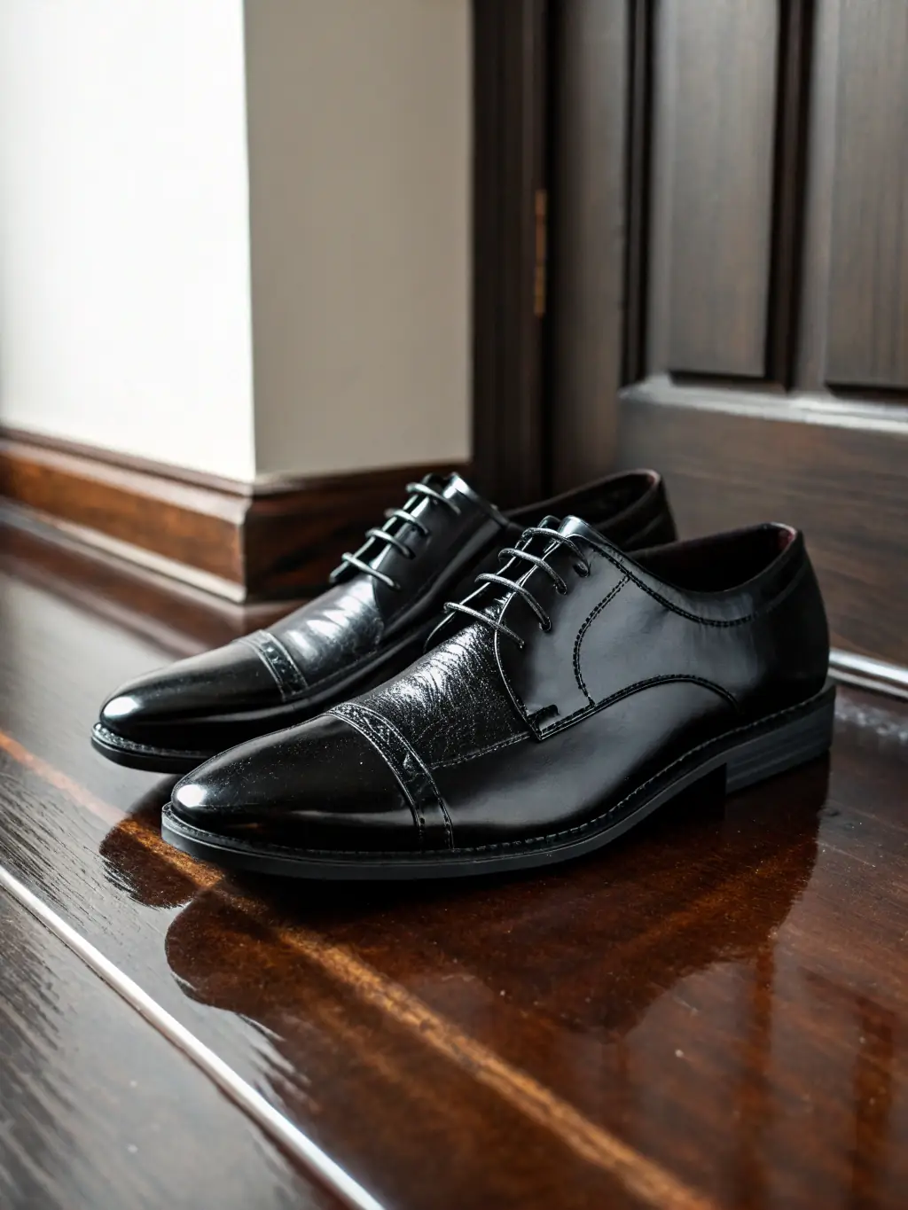 A close-up shot of a pair of STYLO women's formal shoes, highlighting the craftsmanship, material quality, and design details, set against a blurred background of a corporate office.
