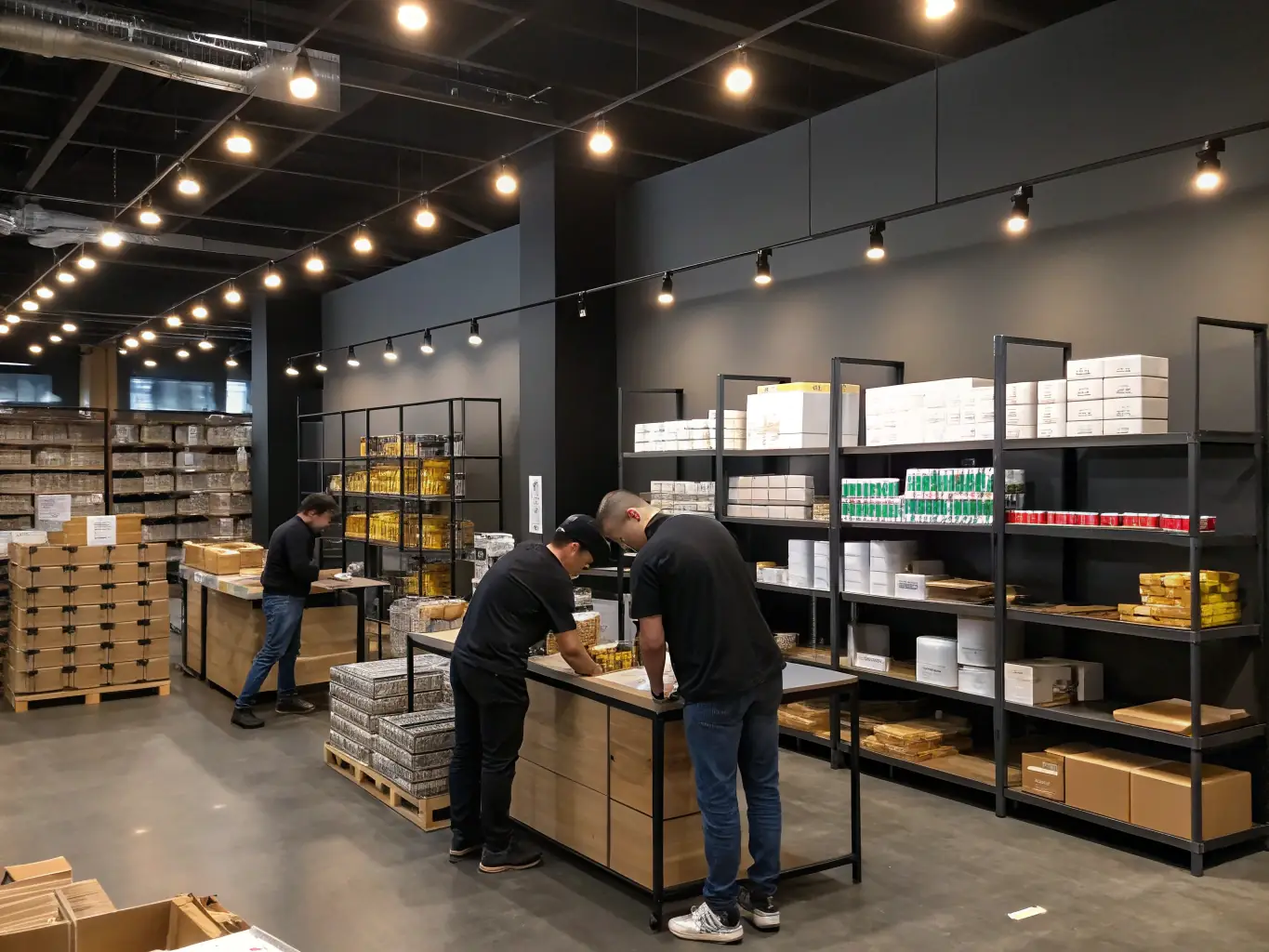 A professional photograph illustrating STYLO's efficient order fulfillment process, featuring a well-organized warehouse with packaged footwear ready for shipment, highlighting the company's commitment to timely and accurate delivery for wholesale clients.